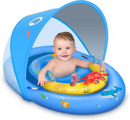 Baby Pool Float with Canopy UPF50 Plus, Anti Tip Safety Seat Inflatable Float for 6 to 36 Months with Adjustable Sun Shade