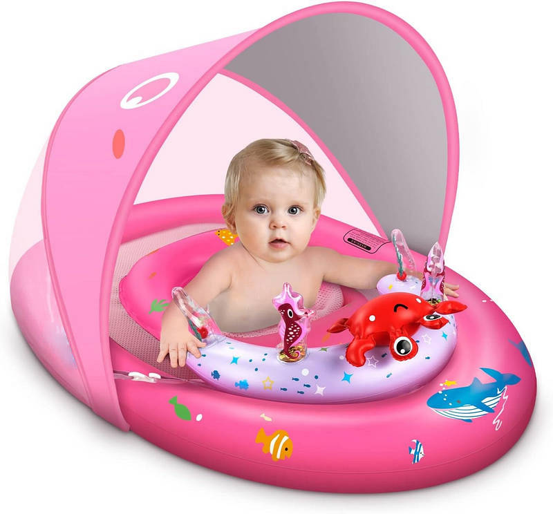 Baby Pool Float with Canopy UPF50 Plus, Anti Tip Safety Seat Inflatable Float for 6 to 36 Months with Adjustable Sun Shade