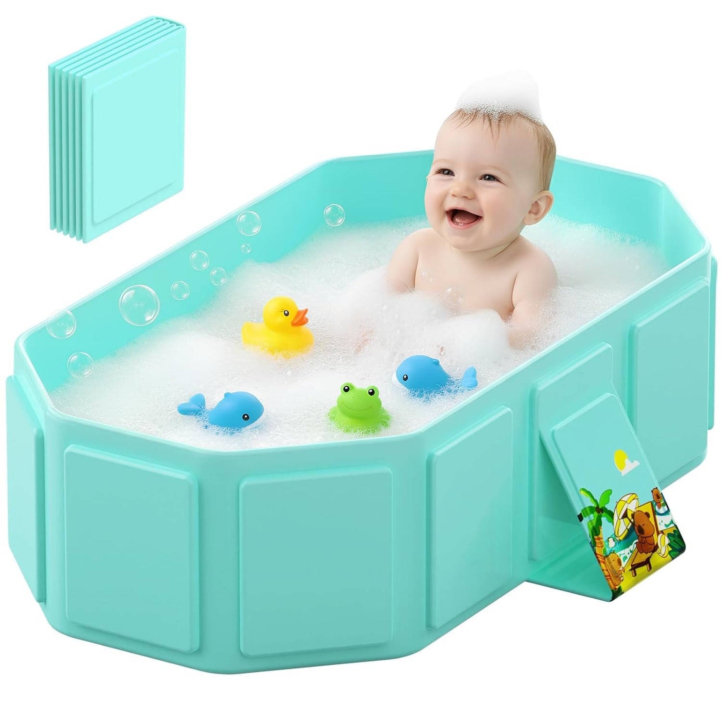 Collapsible Baby Bathtub with Inflatable Top Edge, Portable Non-Tilt Infant Bath Tub for Toddlers (12 Months to 6 Years), No-Assembly Travel Shower Tub