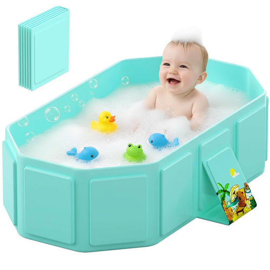 Collapsible Baby Bathtub with Inflatable Top Edge, Portable Non-Tilt Infant Bath Tub for Toddlers (12 Months to 6 Years), No-Assembly Travel Shower Tub