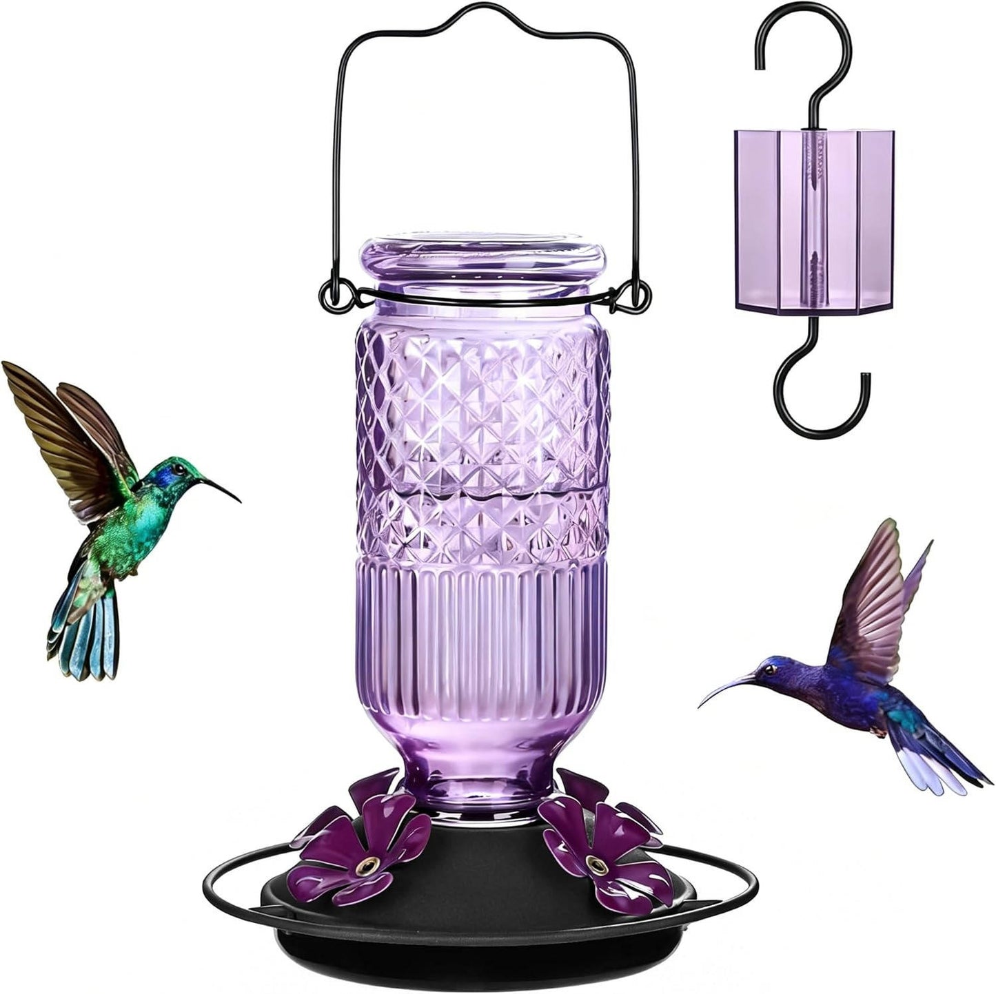 16 OZ Glass Hummingbird Feeders for Outdoors, with 4 Bee Guard Feeding Ports & Built in Ant Moat