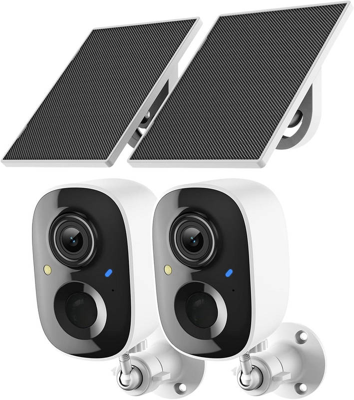 2K Solar Wireless Security Camera 2 Pack, Outdoor WiFi Camera Motion Detection Color Night Vision IP65