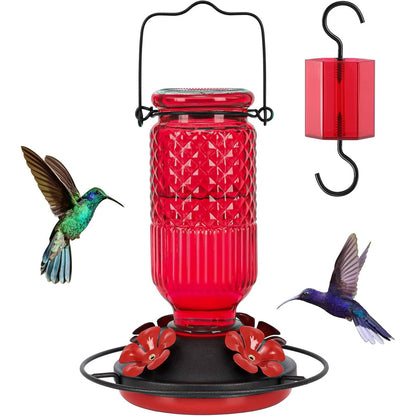 16 OZ Glass Hummingbird Feeders for Outdoors, with 4 Bee Guard Feeding Ports & Built in Ant Moat