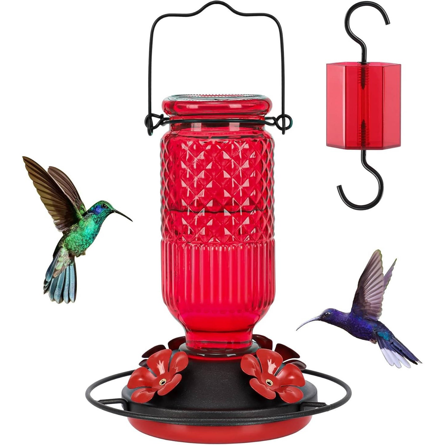 16 OZ Glass Hummingbird Feeders for Outdoors, with 4 Bee Guard Feeding Ports & Built in Ant Moat