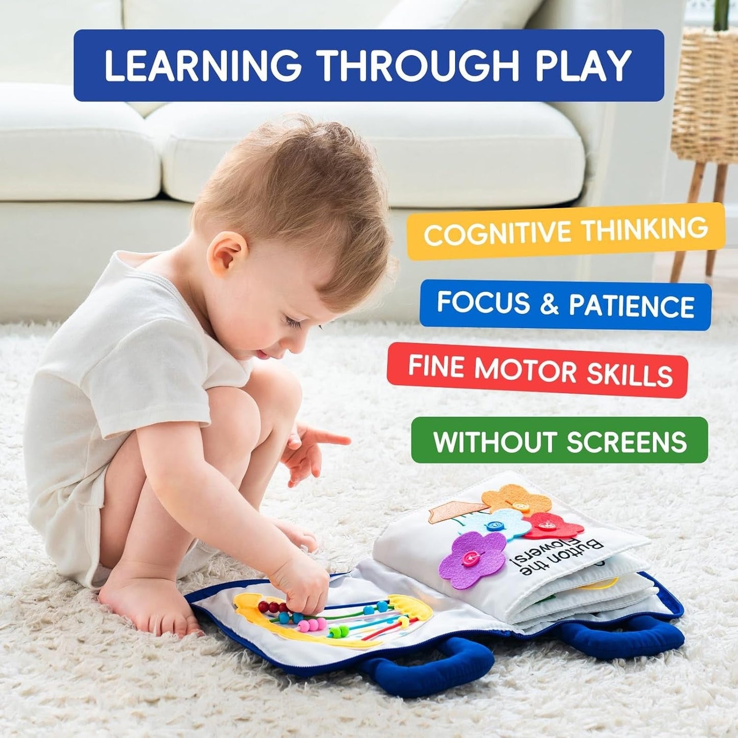 Soft Cloth Activity Book with Crinkle Tabs and 3D Shapes for Babies 0-6 Years