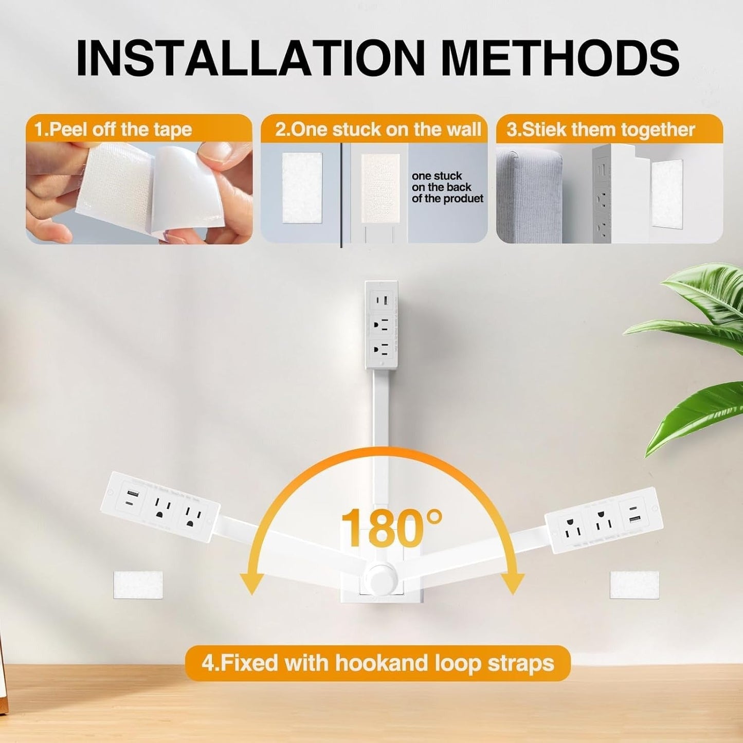Telescopic Power Outlet Extender with Rotating Head and USB Charging, 18-28in