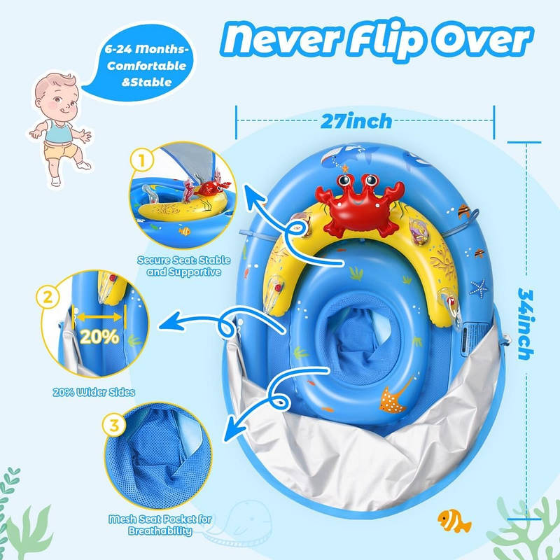 Baby Pool Float with Canopy UPF50 Plus, Anti Tip Safety Seat Inflatable Float for 6 to 36 Months with Adjustable Sun Shade