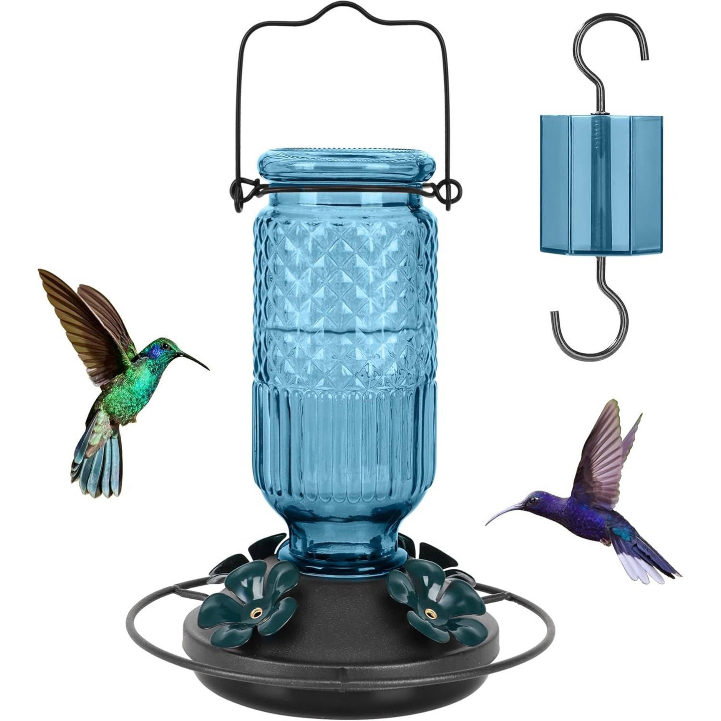 16 OZ Glass Hummingbird Feeders for Outdoors, with 4 Bee Guard Feeding Ports & Built in Ant Moat