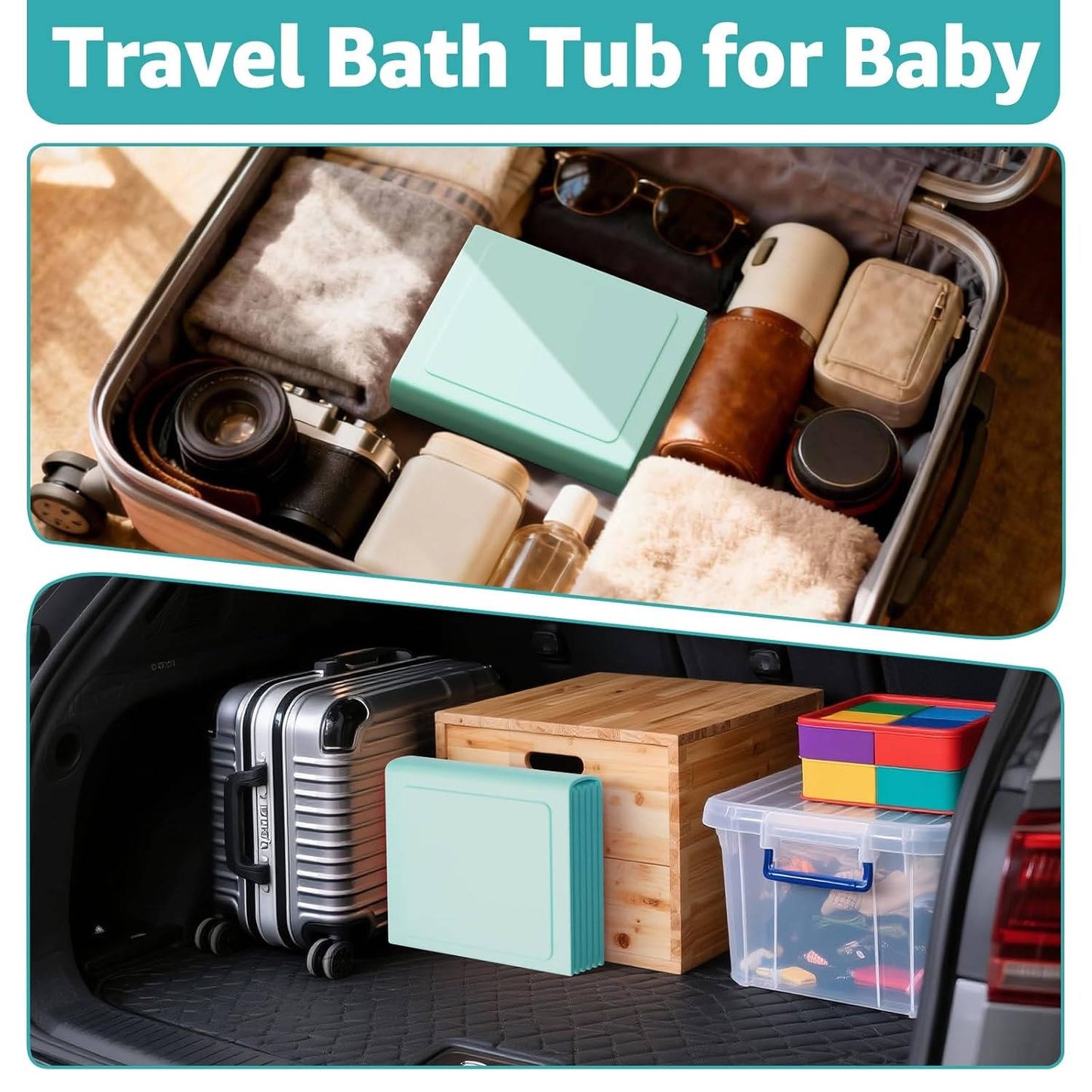 Collapsible Baby Bathtub with Inflatable Top Edge, Portable Non-Tilt Infant Bath Tub for Toddlers (12 Months to 6 Years), No-Assembly Travel Shower Tub