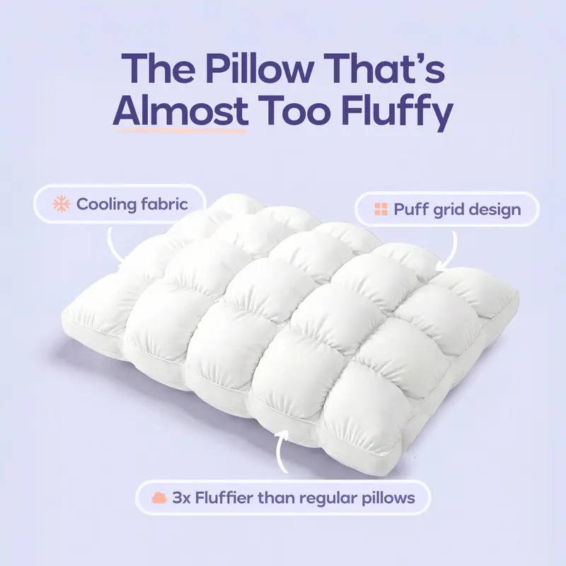 Soft Quilted Puff Grid Design Pillow, Fluffy Breathable Support for Side, Back & Stomach Sleepers, Plush Bed Pillow