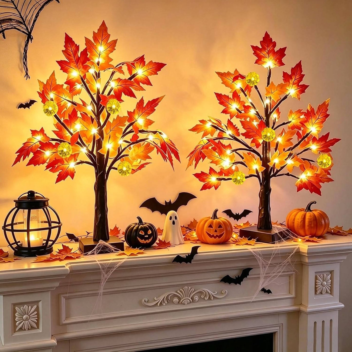 2 Pack 18 Inch Prelit Fall Maple Trees, 48 LED Lighted Maple Leaf Trees for Thanksgiving Table and Autumn Home Decor