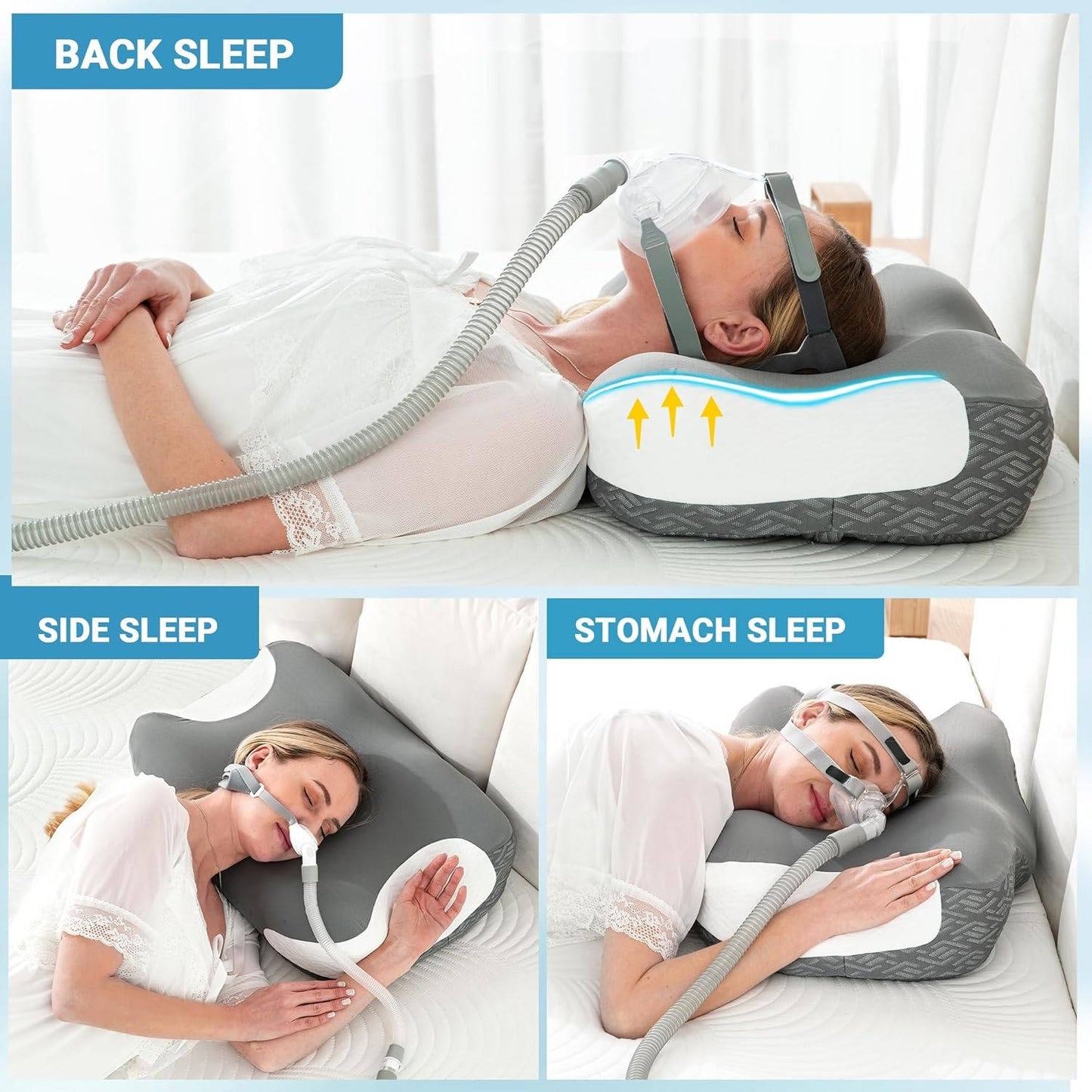 Dark Grey Ergonomic CPAP Pillow for Neck Pain Relief, Orthopedic Support for Side, Back, and Stomach Sleepers, Reduces Air Leaks and Mask Pressure