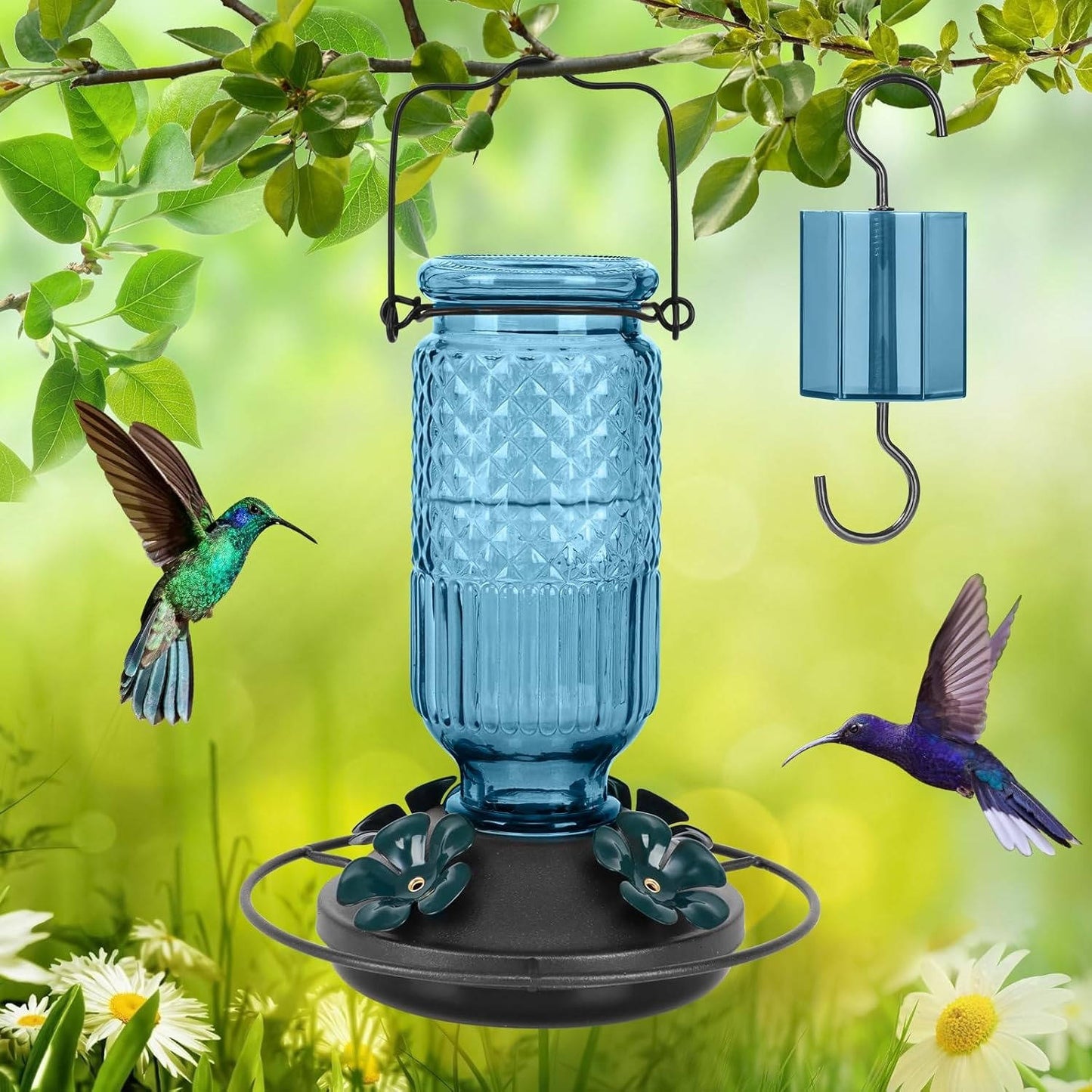 16 OZ Glass Hummingbird Feeders for Outdoors, with 4 Bee Guard Feeding Ports & Built in Ant Moat