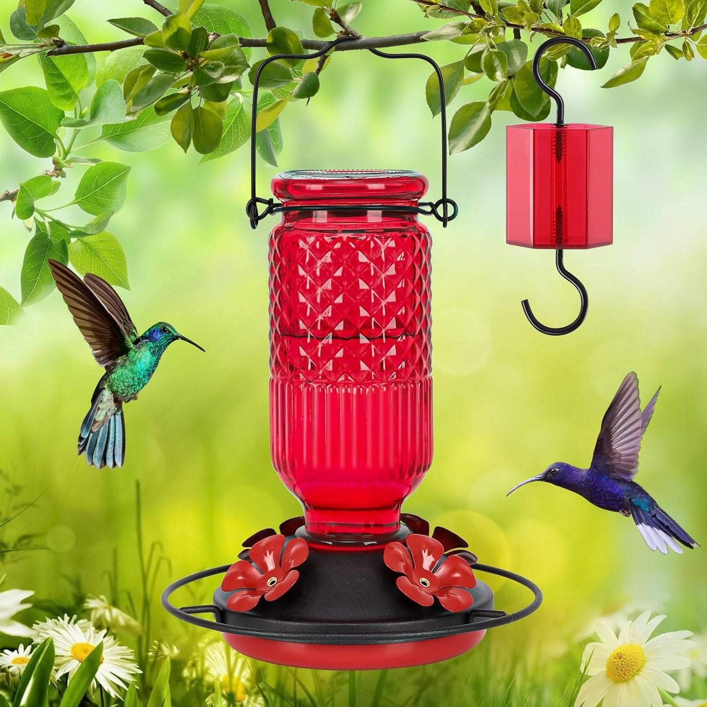16 OZ Glass Hummingbird Feeders for Outdoors, with 4 Bee Guard Feeding Ports & Built in Ant Moat