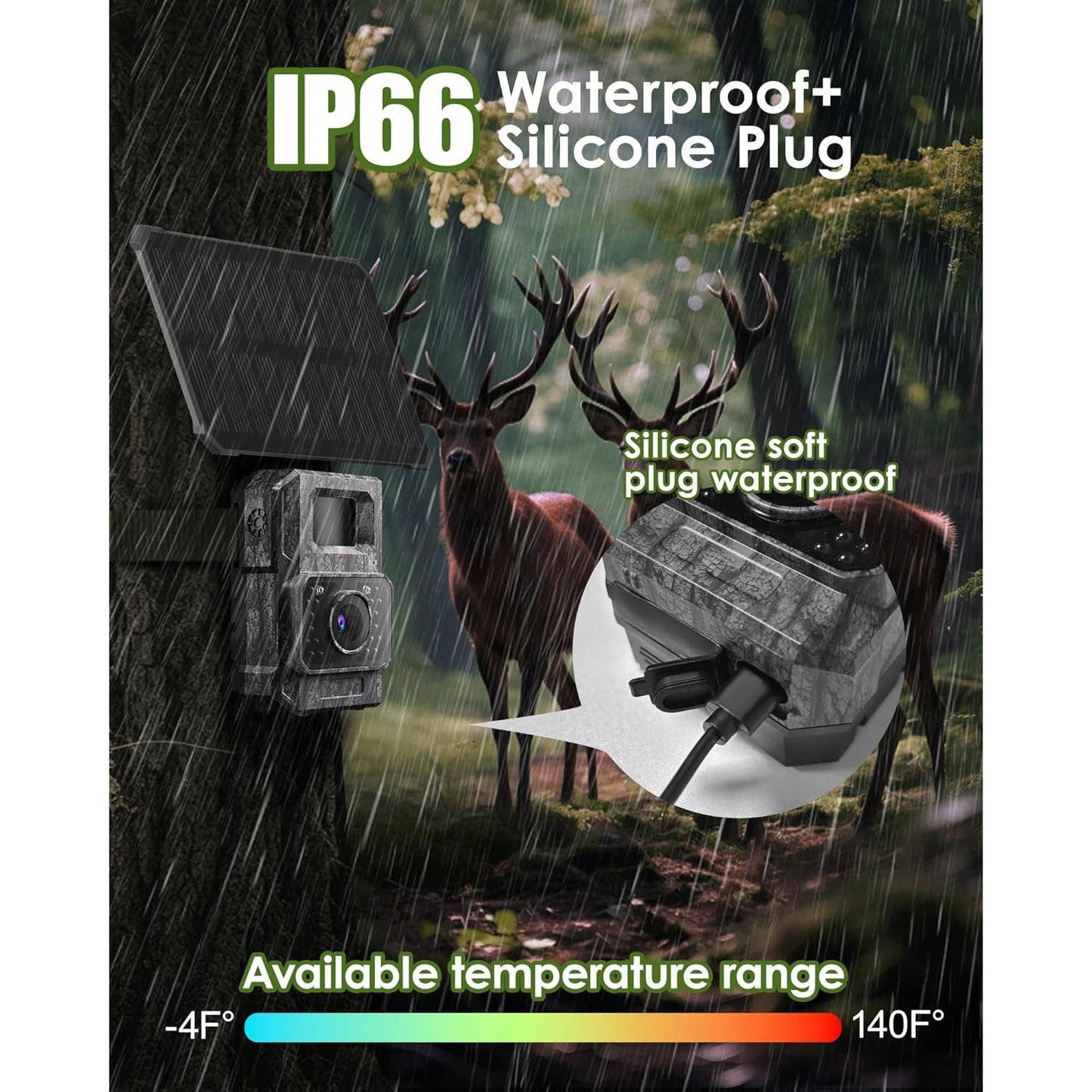 Deer Trail Camera 4K 64MP, Solar WiFi Bluetooth Game Camera with Night Vision, Motion Activated IP66, 6000mAh Battery