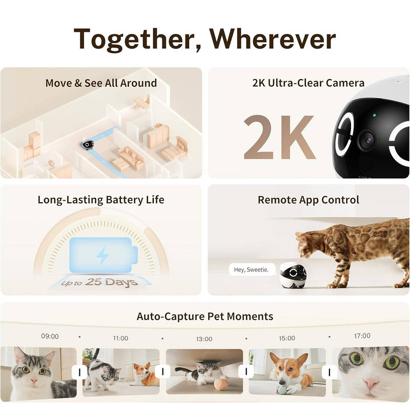 2K Mini Pet Camera Robot, Movable Indoor Camera with App Control 2 Way Talk Night Vision Motion Detection
