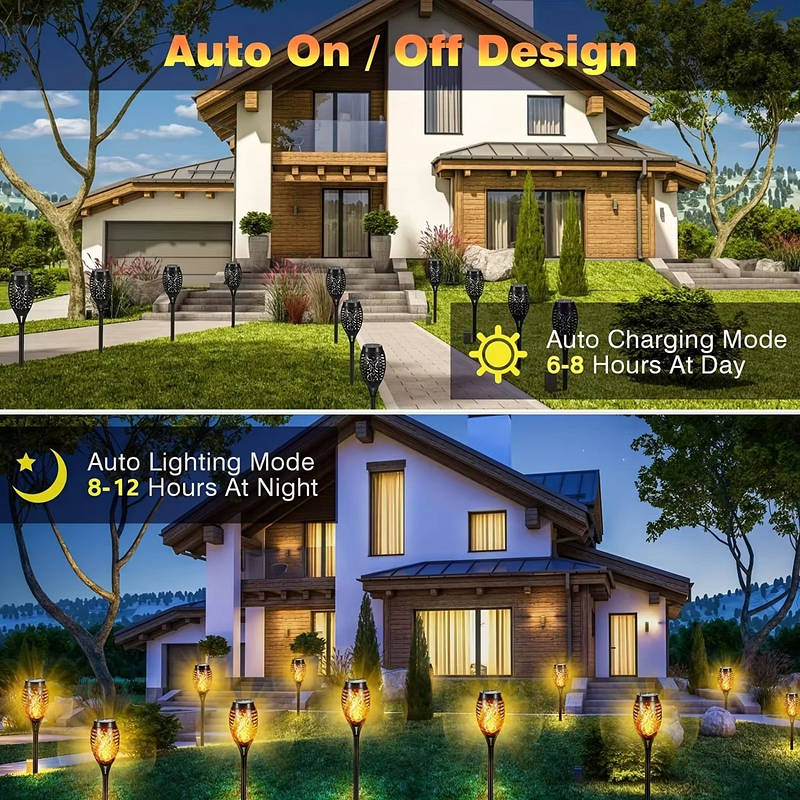 12 Pack Solar Tiki Torch Lights Flickering Flame, Waterproof Outdoor Garden Pathway Lights