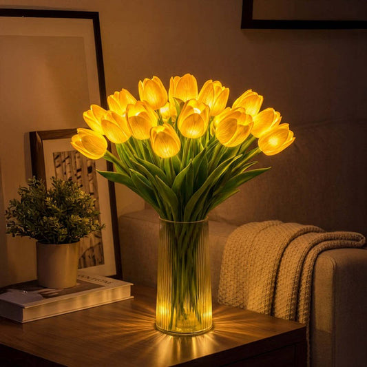 LED Tulip Night Light, Artificial Flower Table Lamp with Real Touch Petals, Battery Operated Lighted Tulip Bouquet for Bedside, Office & Home Decor