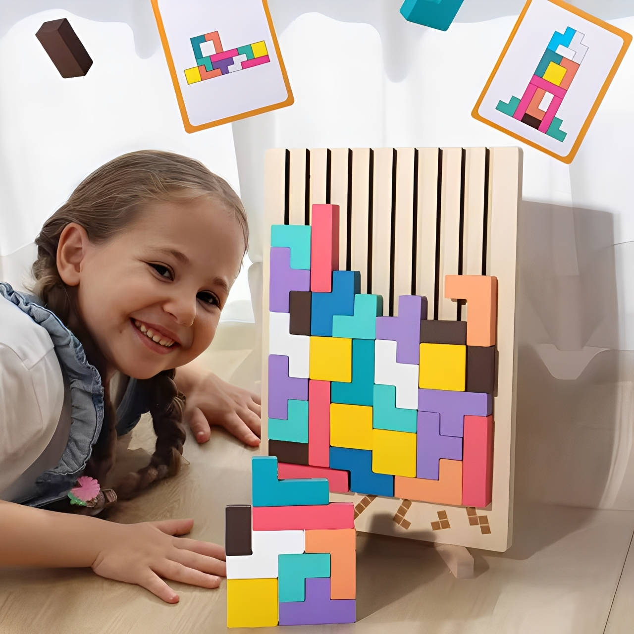 Wooden Puzzle Blocks with 42 Pieces and 10 Cards, Foldout Stand