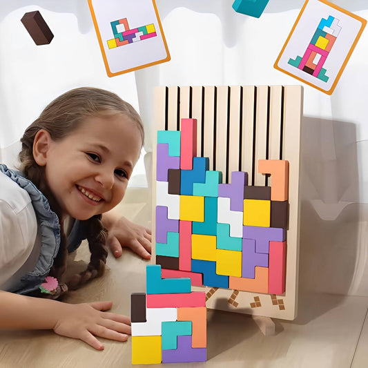 Wooden Block Puzzle Set with Foldout Stand and 42 Colorful Blocks, 10 Pattern Cards