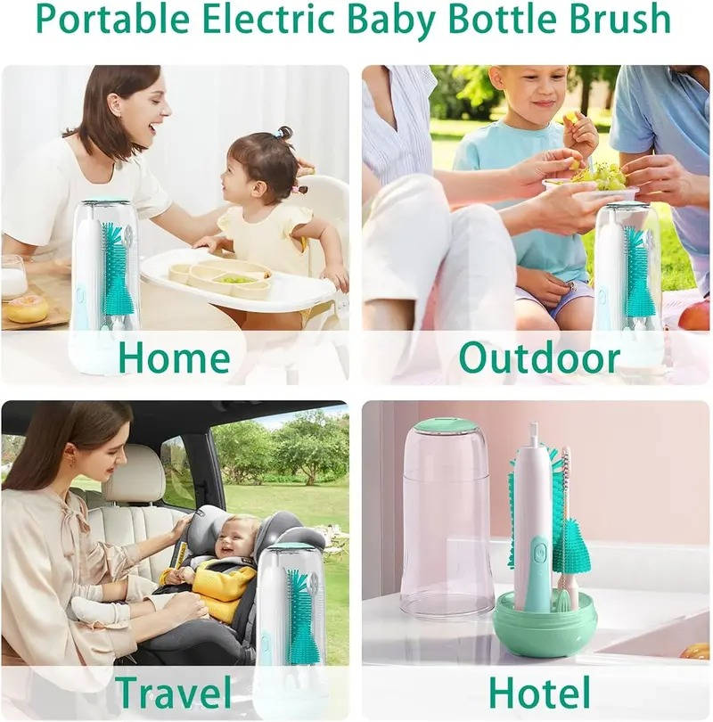 6 Pack Electric Bottle Cleaning Brush Set, 360 Degree Rotating Silicone Baby Bottle Nipple Straw Cleaner Kit Waterproof