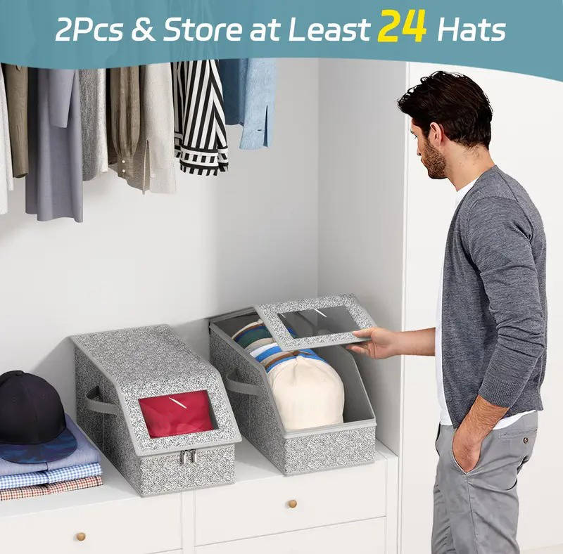 Stackable Hat Storage 2 Pack Stackable Hat Storage Boxes, Holds 24 Baseball Caps, Durable Ca