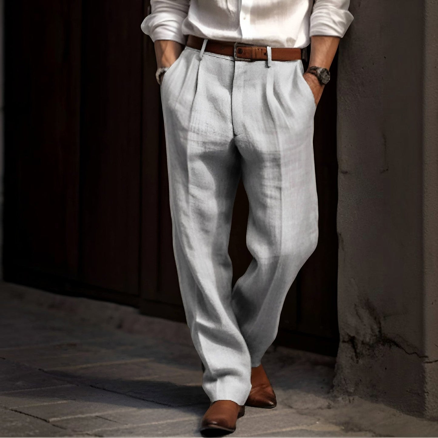 Pleated Cotton Linen Pants with Elastic Waist and Deep Pockets, Reinforced Seams