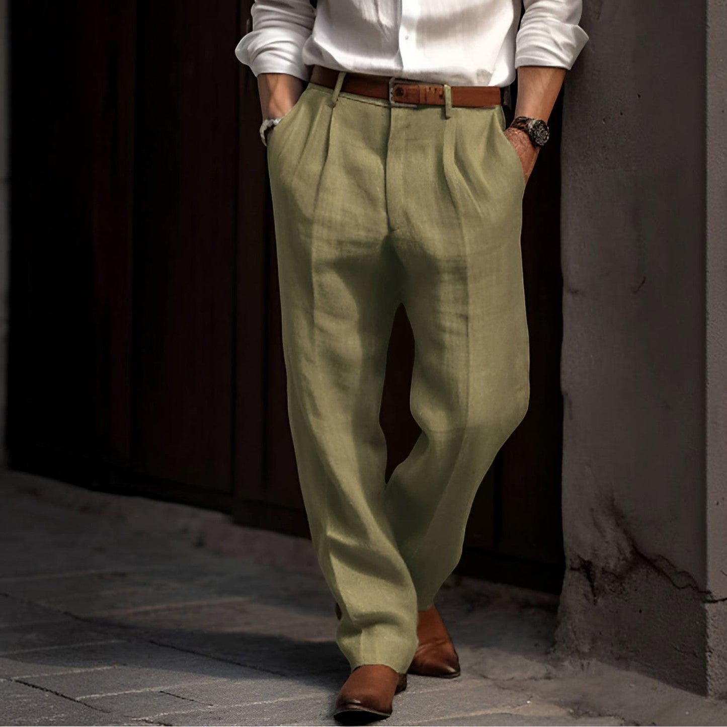 Pleated Cotton Linen Pants with Elastic Waist and Deep Pockets, Reinforced Seams