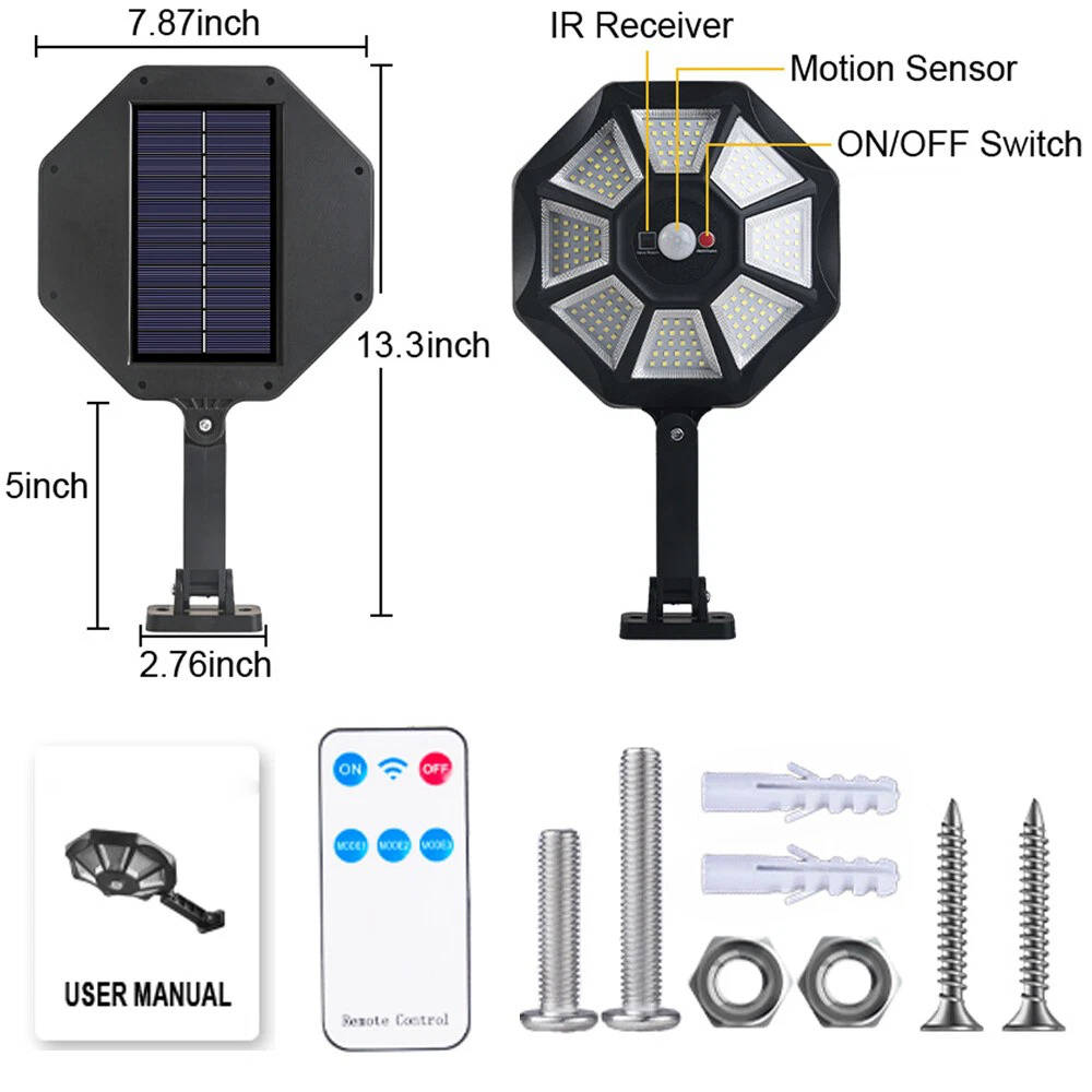 Solar Motion Sensor Flood Light 168 LED, Outdoor Dusk to Dawn Security Light Waterproof Solar Lamp