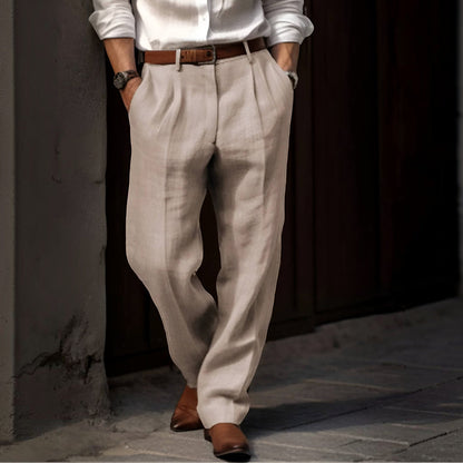 Pleated Cotton Linen Pants with Elastic Waist and Deep Pockets, Reinforced Seams