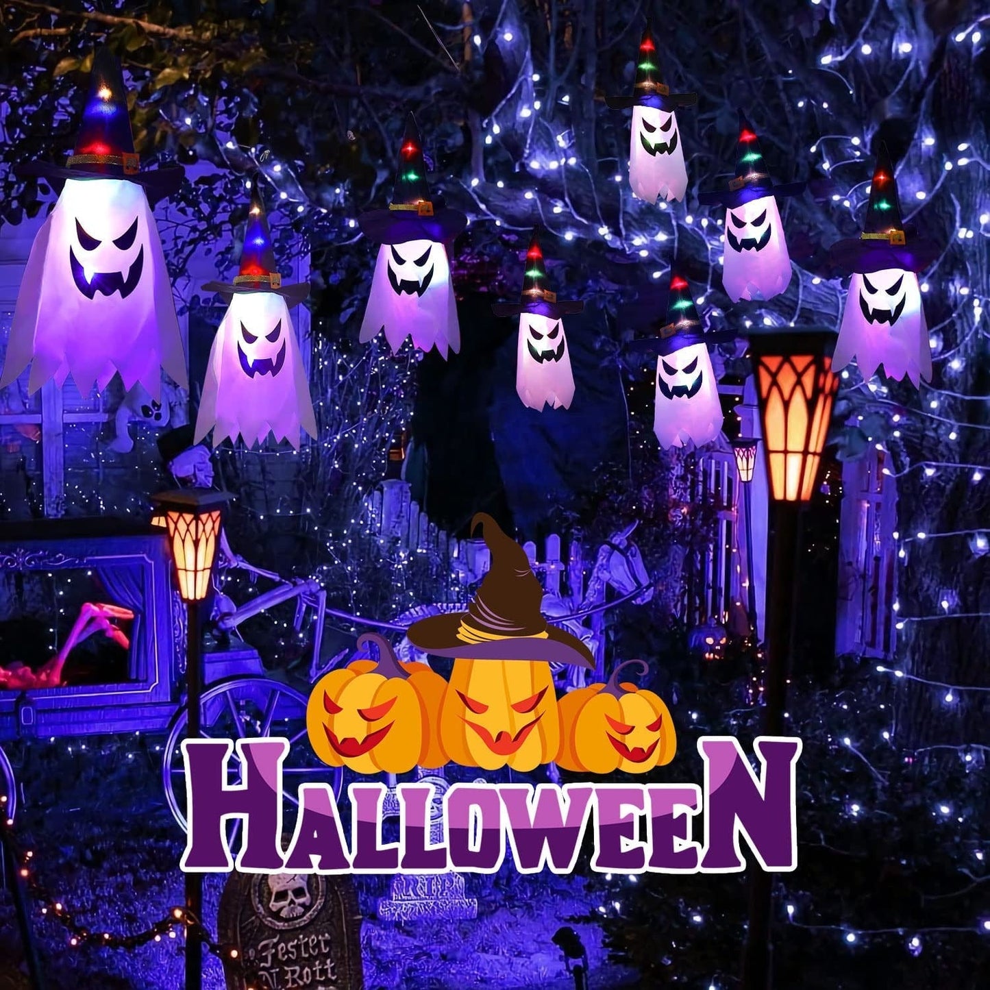 Multicolor Ghost String Lights with Witch Hats and Flashing Modes, 9.8ft