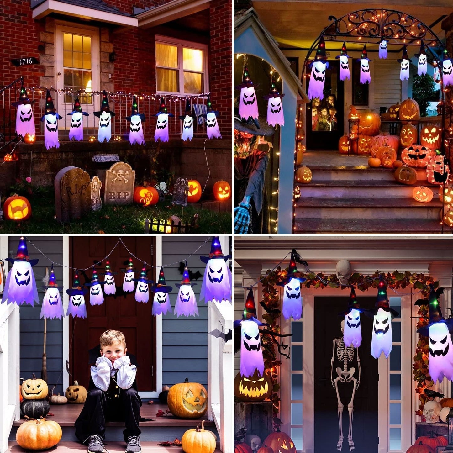 Multicolor Ghost String Lights with Witch Hats and Flashing Modes, 9.8ft