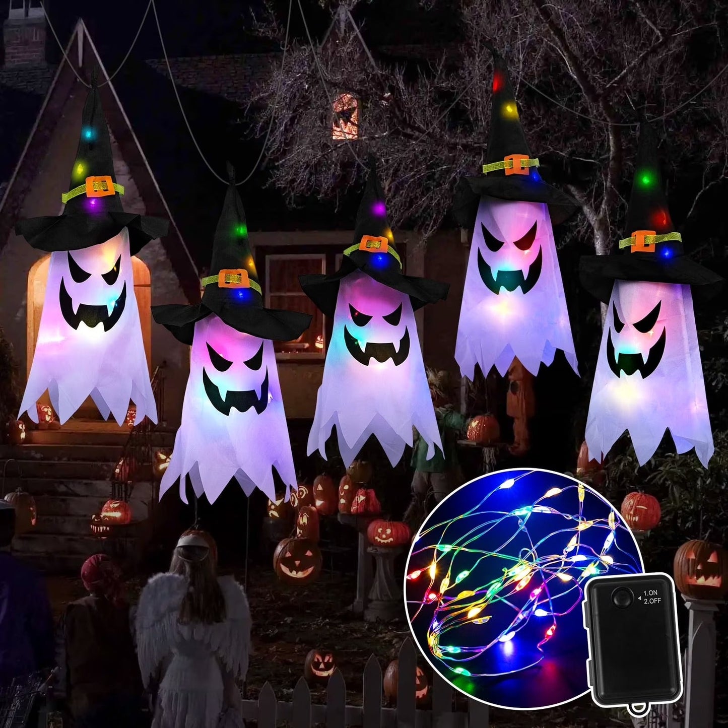 Multicolor Ghost String Lights with Witch Hats and Flashing Modes, 9.8ft
