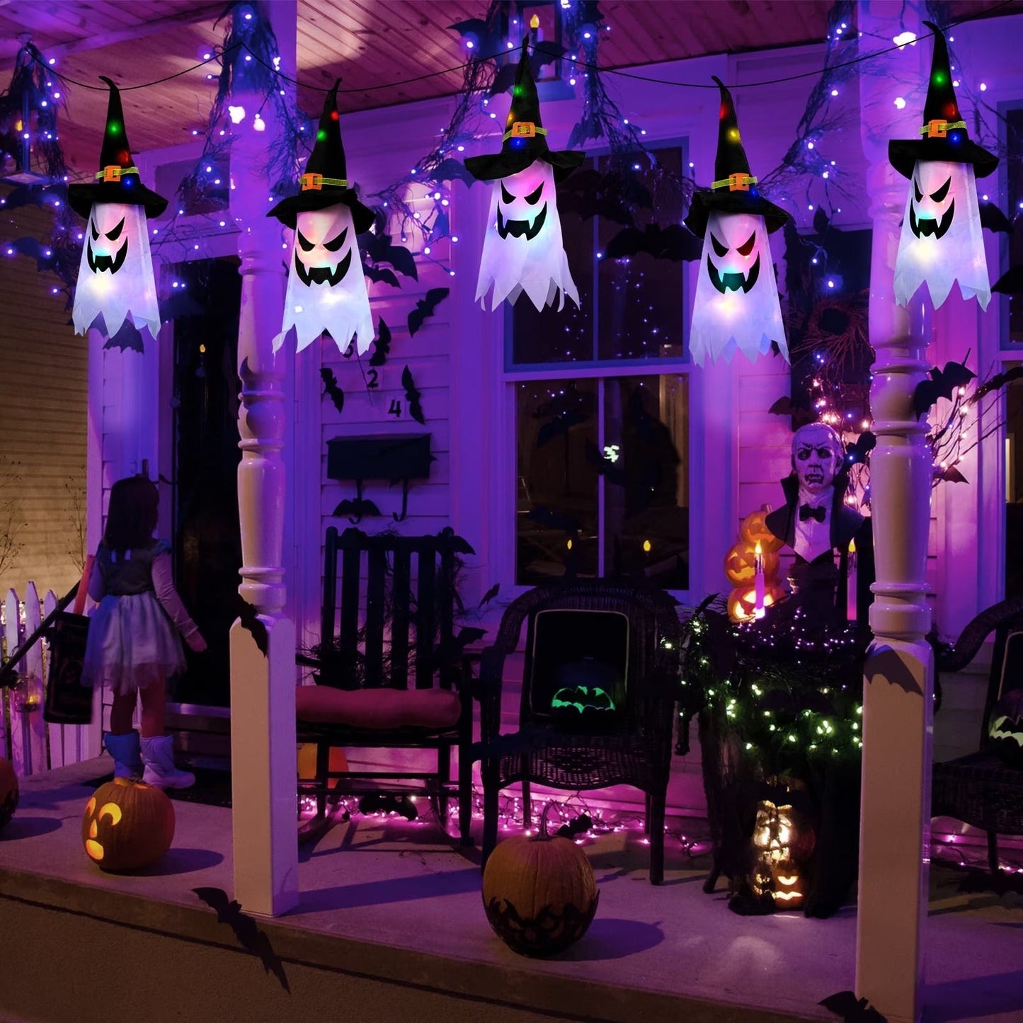 Multicolor Ghost String Lights with Witch Hats and Flashing Modes, 9.8ft