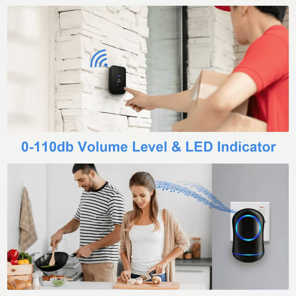 Wireless Doorbell Plug & Play Waterproof Door Bell Kit, 45 Chimes, LED Flash, 4 Volume Levels