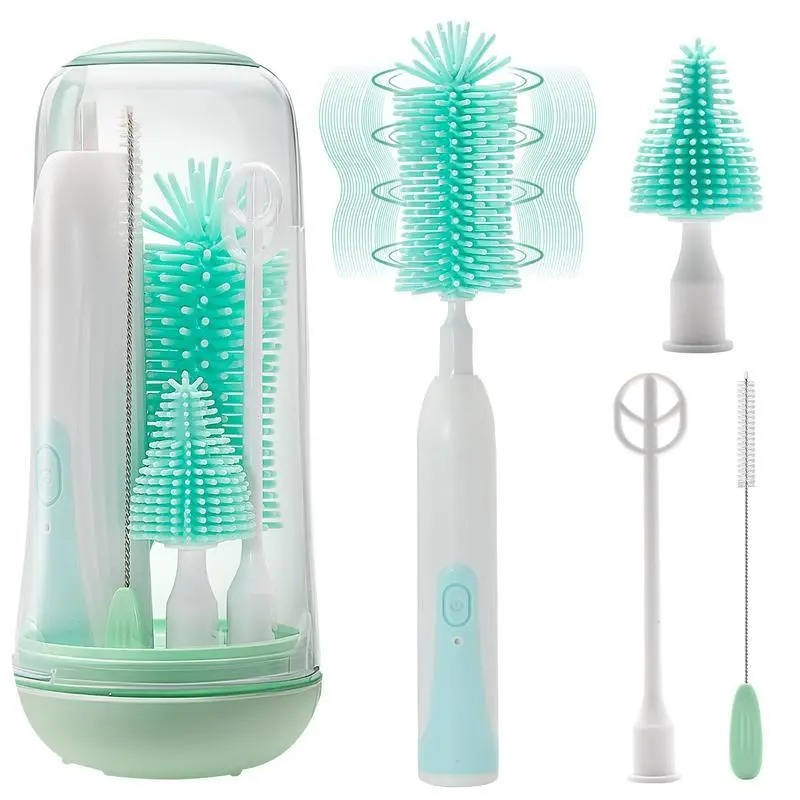 6 Pack Electric Bottle Cleaning Brush Set, 360 Degree Rotating Silicone Baby Bottle Nipple Straw Cleaner Kit Waterproof