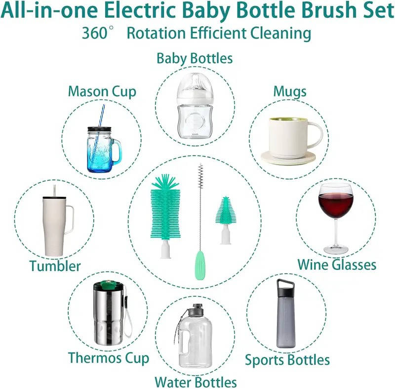 6 Pack Electric Bottle Cleaning Brush Set, 360 Degree Rotating Silicone Baby Bottle Nipple Straw Cleaner Kit Waterproof