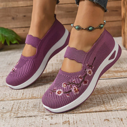 Breathable Mary Jane Sneakers with Floral Embroidery and Elastic Instep Strap