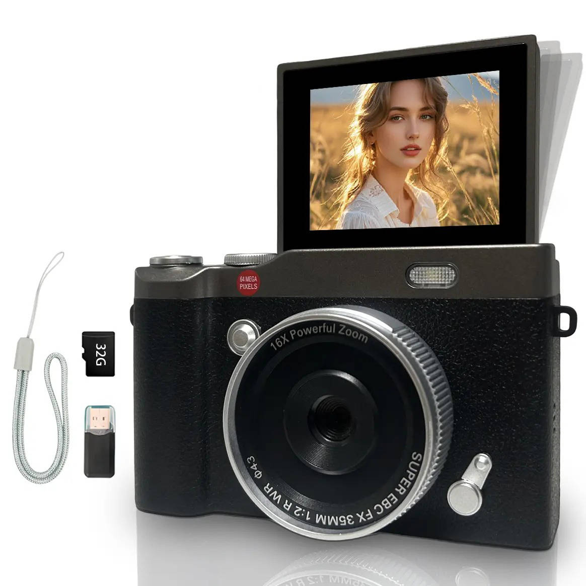 Portable Digital Camera with 180° Flip Screen, Selfie Camera with 32GB Memory Card for Photo and Video, Entry Level Student Camera