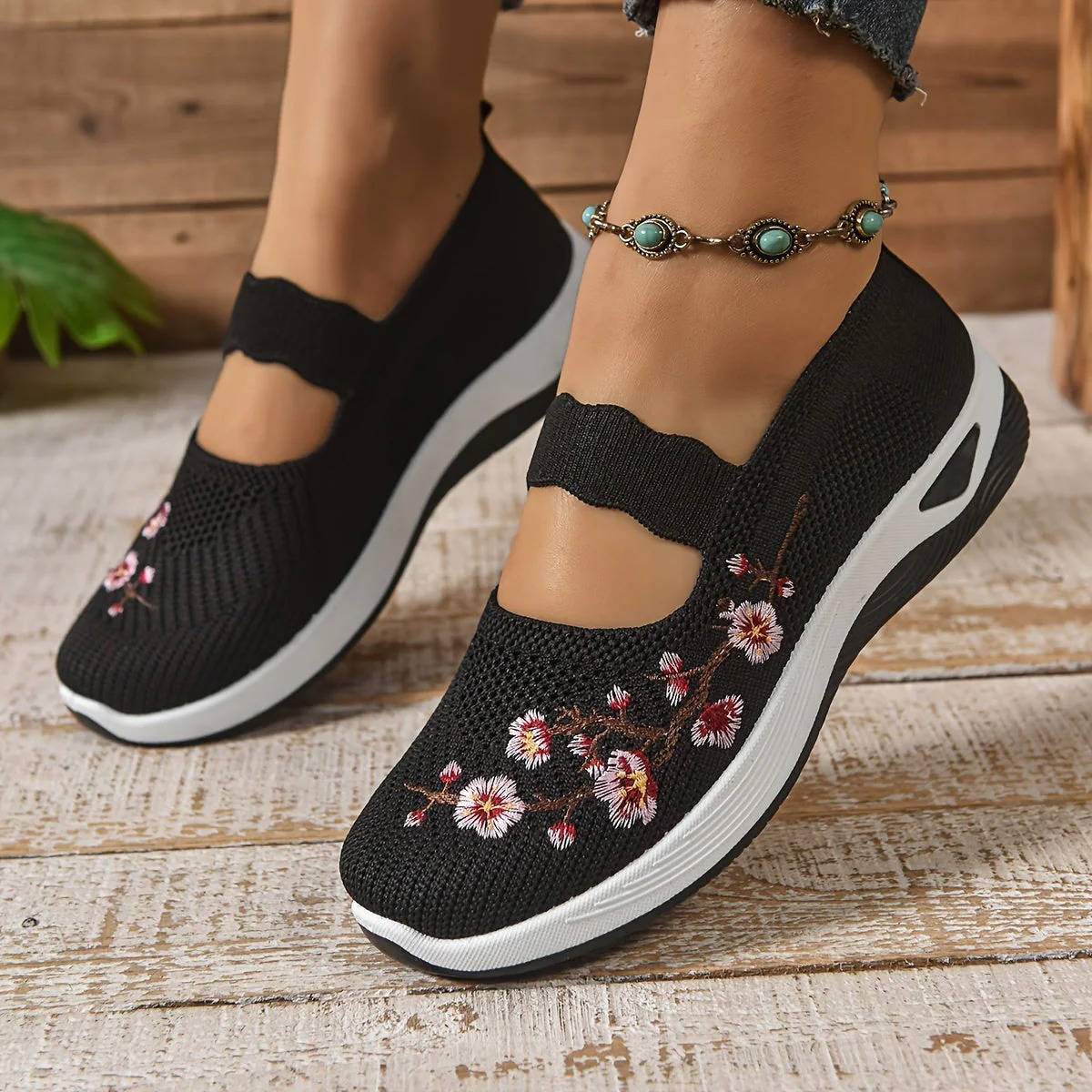 Breathable Mary Jane Sneakers with Floral Embroidery and Elastic Instep Strap