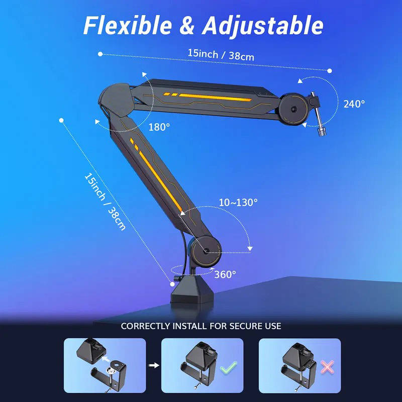 RGB Mic Boom desk Arm Stand Adjustable, 11 Light Modes Durable Steel USB Mic Stand for Gaming Streaming Podcast Recording
