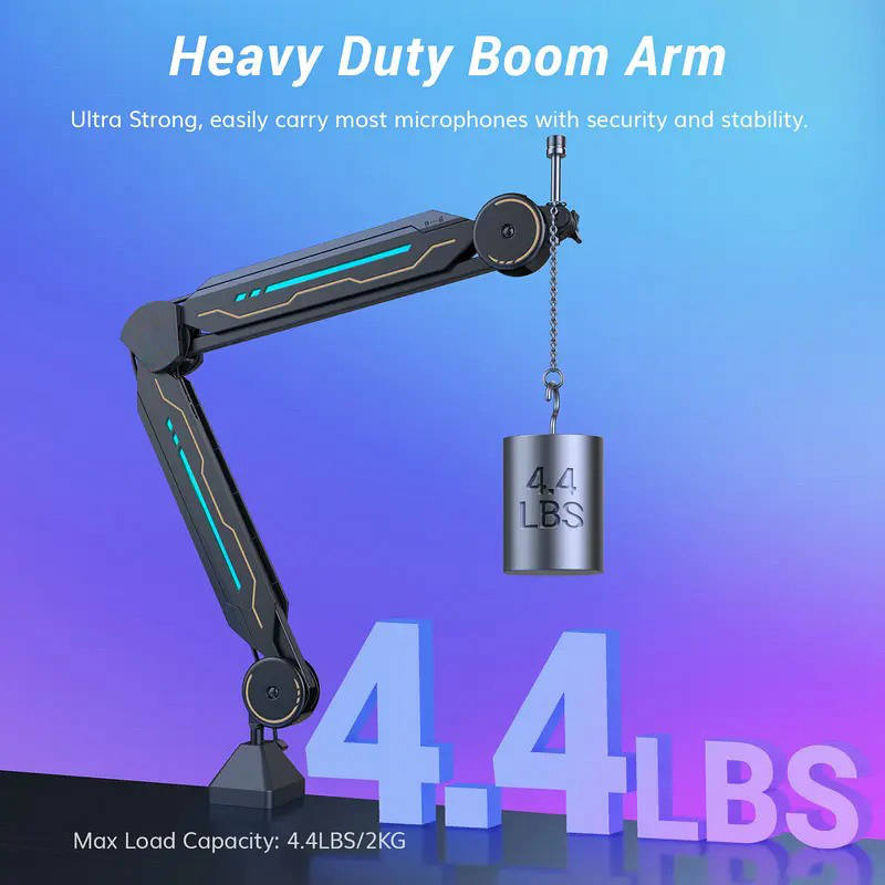 RGB Mic Boom desk Arm Stand Adjustable, 11 Light Modes Durable Steel USB Mic Stand for Gaming Streaming Podcast Recording