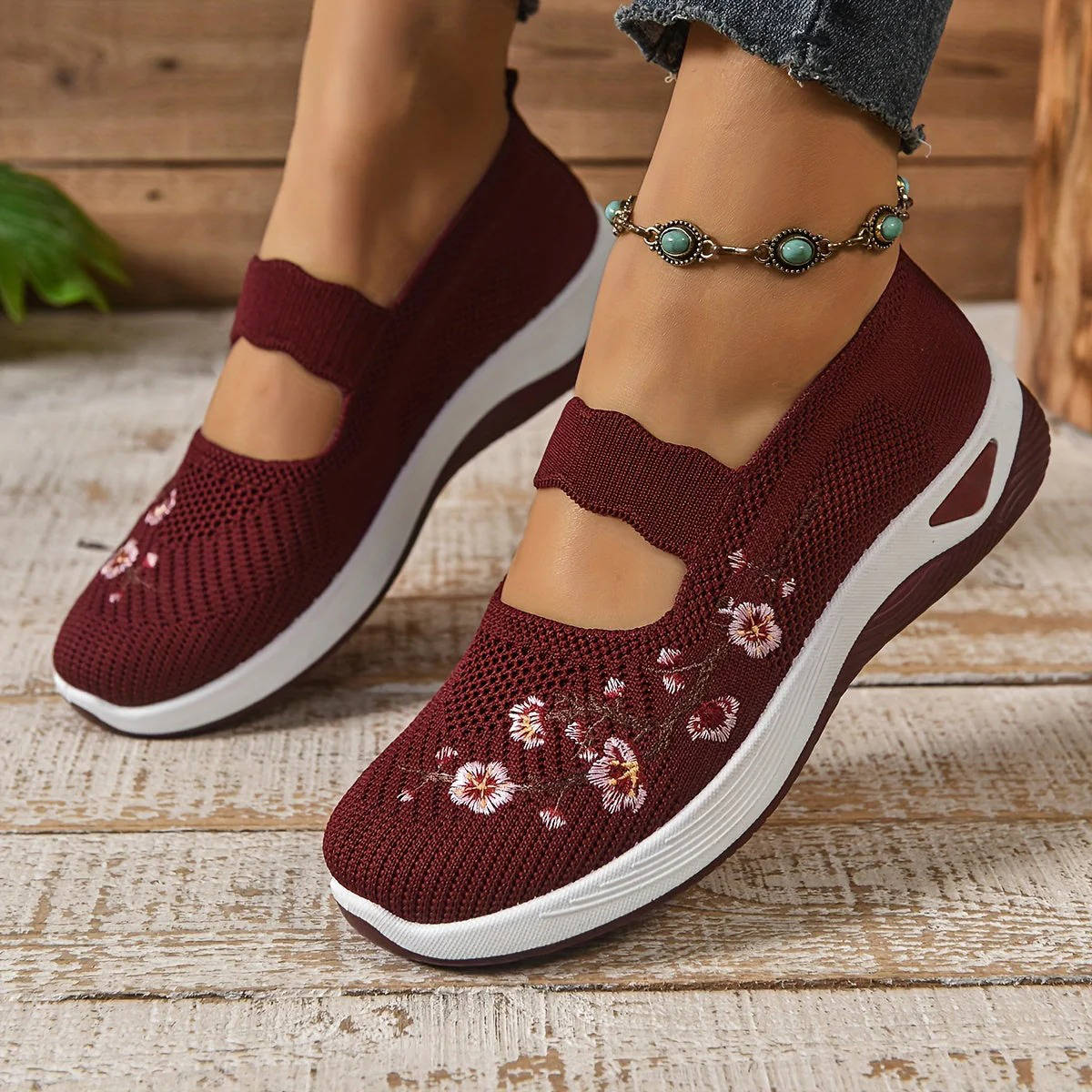 Breathable Mary Jane Sneakers with Floral Embroidery and Elastic Instep Strap