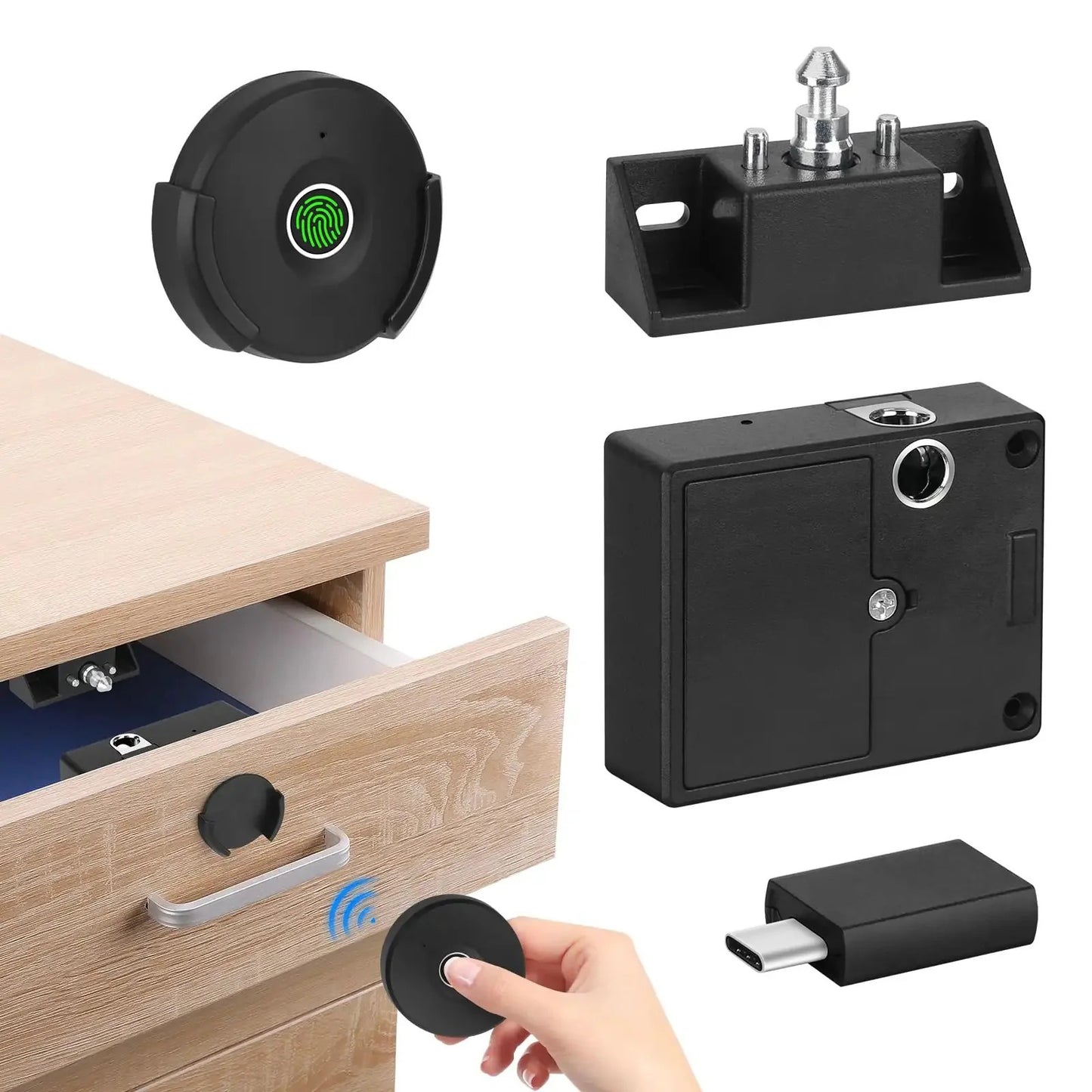 Smart Cabinet Lock Fingerprint No Drill, Keyless Hidden Lock with Remote Unlock USB Backup 10m Range
