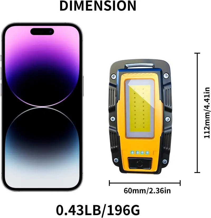 1000 Lumen Magnetic LED Work Light, 4800mAh Rechargeable Battery with 180 Degree Rotating Hook for Car Repair and Emergencies