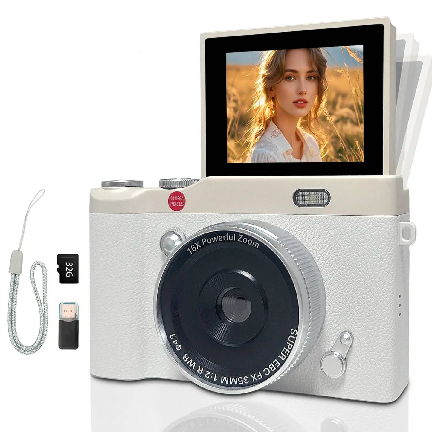 Portable Digital Camera with 180° Flip Screen, Selfie Camera with 32GB Memory Card for Photo and Video, Entry Level Student Camera