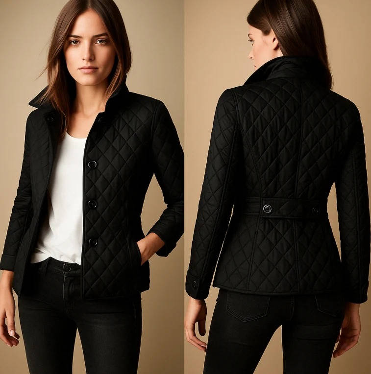 Womens Diamond Quilted Jacket with Stand Collar and Button Front, Hip Length