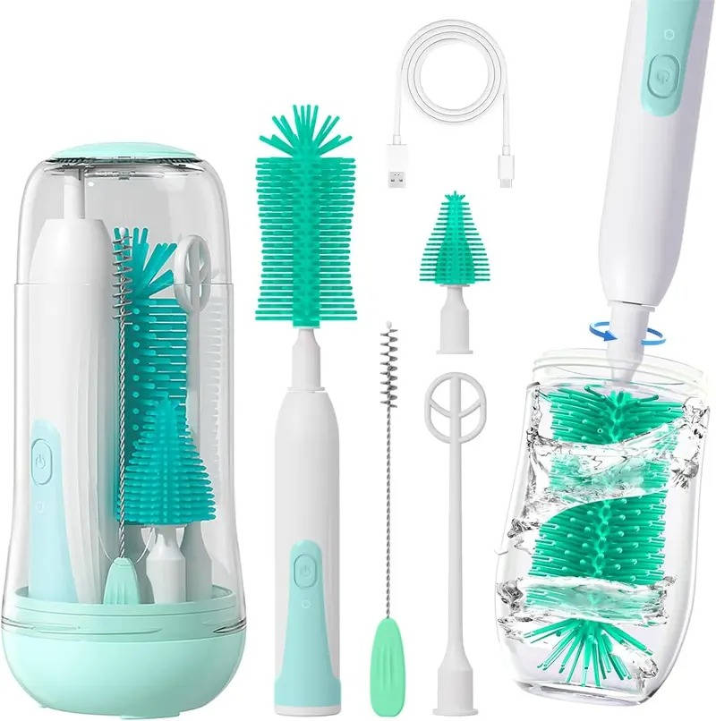 6 Pack Electric Bottle Cleaning Brush Set, 360 Degree Rotating Silicone Baby Bottle Nipple Straw Cleaner Kit Waterproof