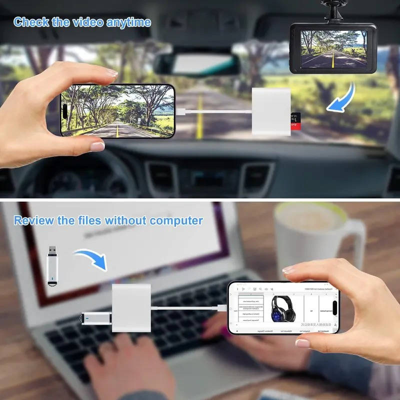 2 in 1 iPhone SD Card Reader, OTG USB Camera Adapter for iPad, Plug & Play Trail Cam Viewer, Lightning Interface