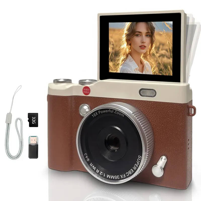Portable Digital Camera with 180° Flip Screen, Selfie Camera with 32GB Memory Card for Photo and Video, Entry Level Student Camera